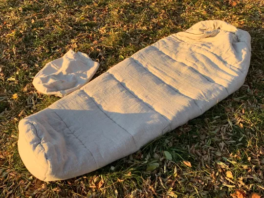 36" x 84" the HEMP natural Sleeping bag with hood organic hemp fiber filling inside in linen non-dyed fabric