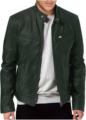 ADHOWBEW Mens Leather Jacket Stand Collar Windbreaker Zip Up Fashion Motorcycle Jackets