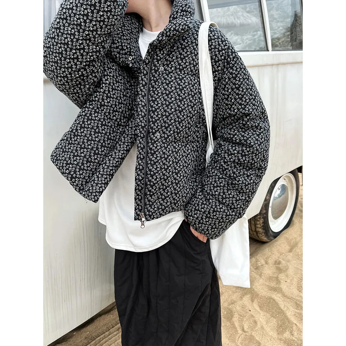 Amozae-Autumn Casual Outfits Amozae-Standing Collar Floral Cotton Bomer Jacket For Women 2024 Winter Thick Coat Warm Bread Jacket Top