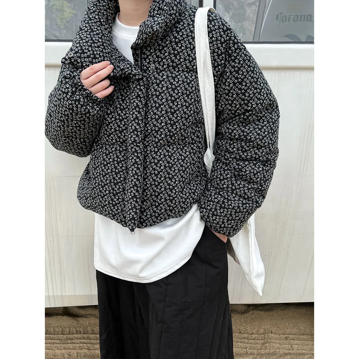 Amozae-Autumn Casual Outfits Amozae-Standing Collar Floral Cotton Bomer Jacket For Women 2024 Winter Thick Coat Warm Bread Jacket Top