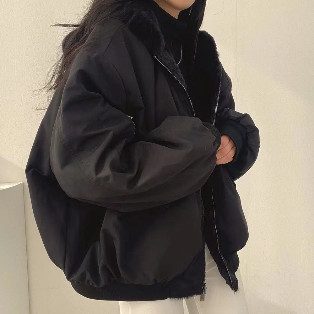 Amozae winter outfits men Fleece-lined Thickened Double-Sided Lamb Wool Cotton-Padded Coat Women's Coat Winter Zipper Hooded Cotton-Padded Coat Top