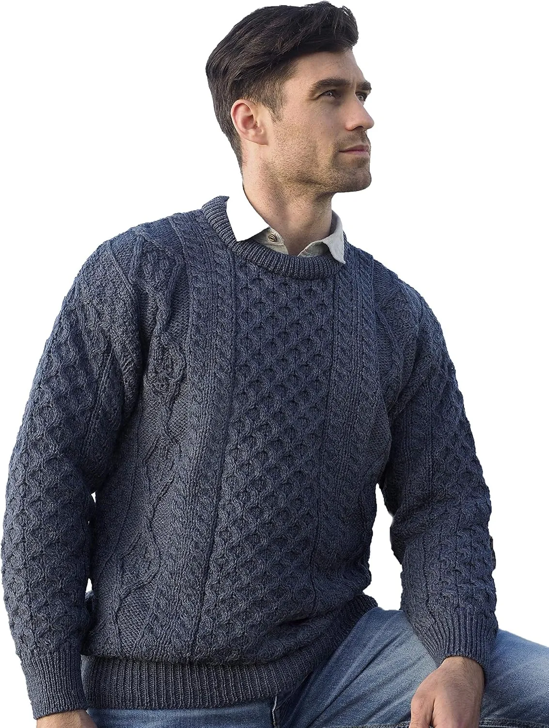 Aran Crafts Irish Soft Cable Knitted Crew Neck Unisex Sweater (100% Pure New Wool)