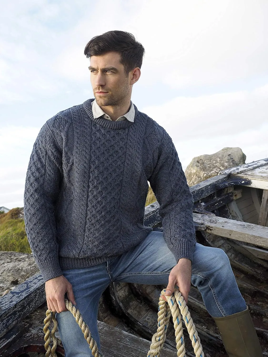 Aran Crafts Irish Soft Cable Knitted Crew Neck Unisex Sweater (100% Pure New Wool)