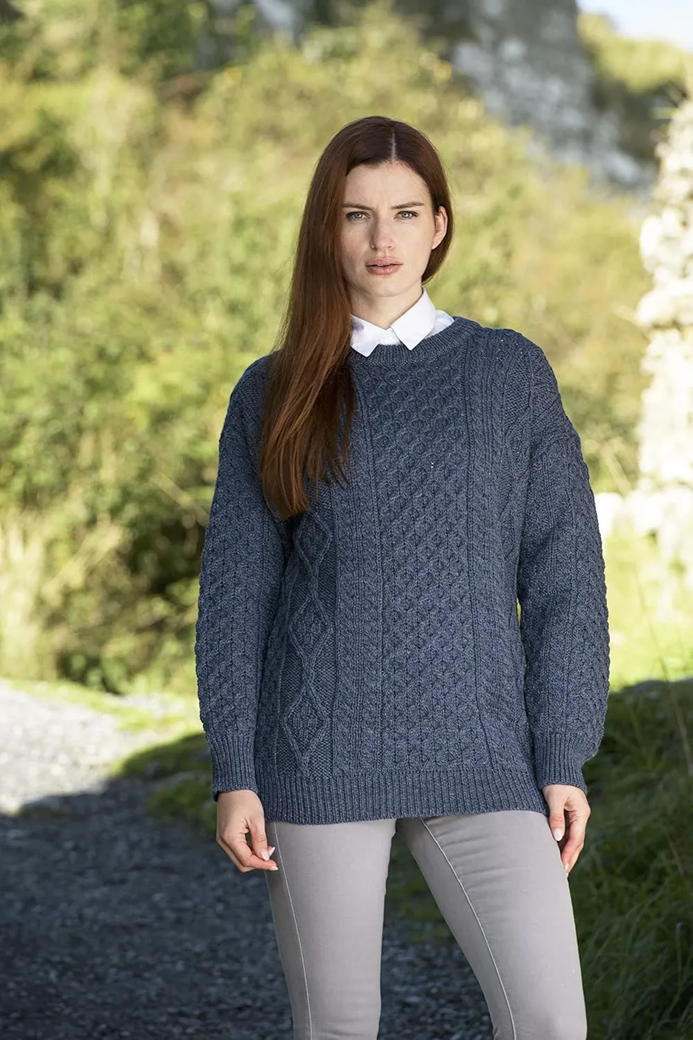 Aran Crafts Irish Soft Cable Knitted Crew Neck Unisex Sweater (100% Pure New Wool)