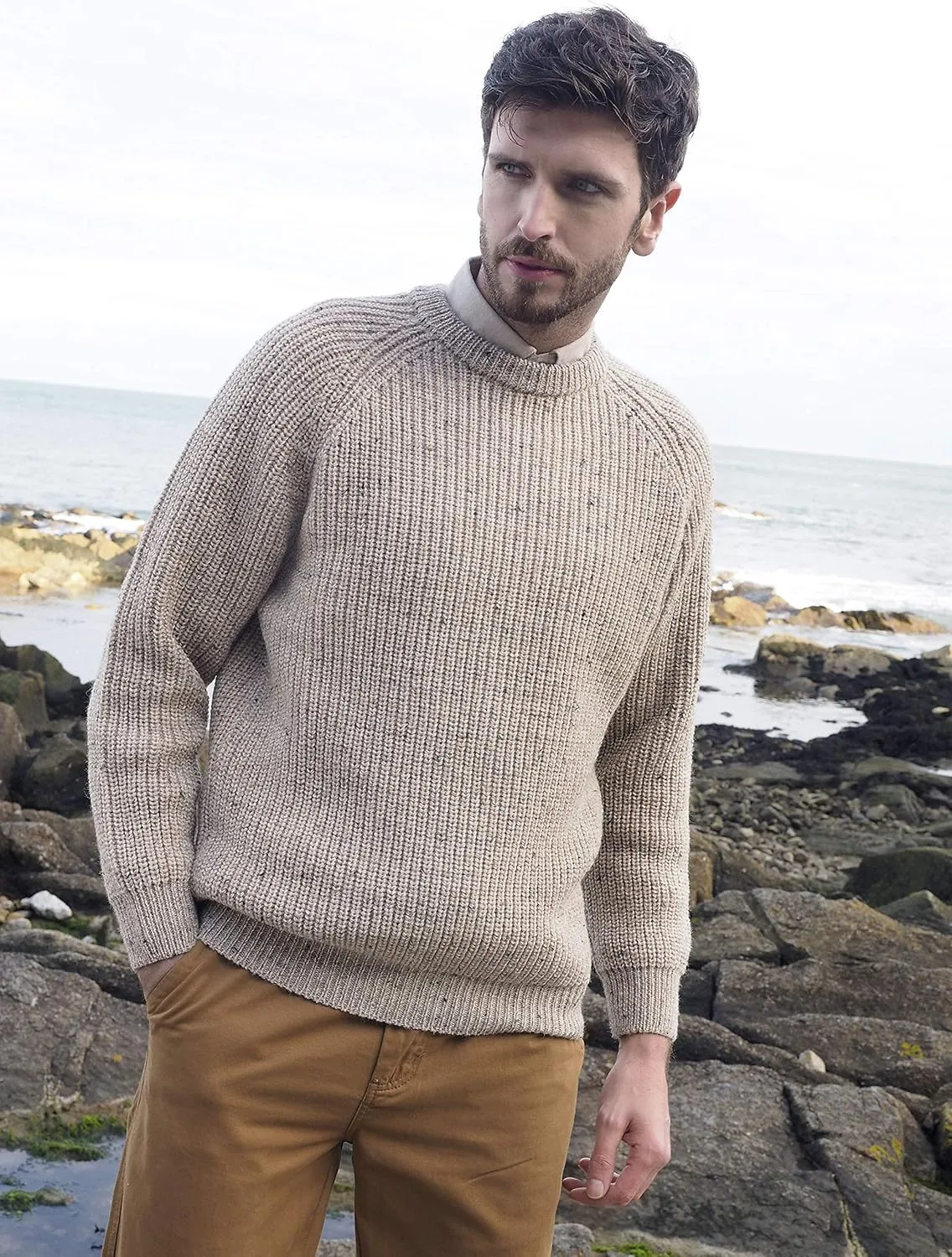 Aran Crafts Men's Fisherman Irish Rib Crew Neck Wool Sweater (100% Pure Wool)