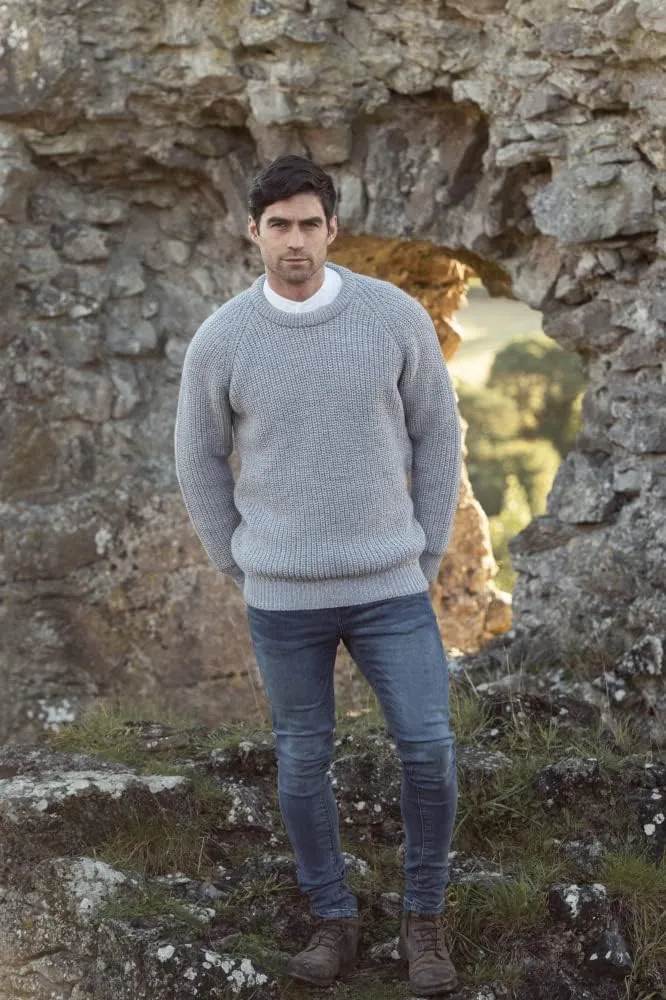 Aran Crafts Men's Fisherman Irish Rib Crew Neck Wool Sweater (100% Pure Wool)