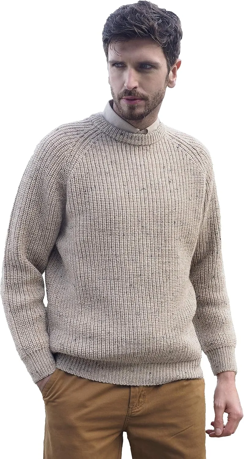 Aran Crafts Men's Fisherman Irish Rib Crew Neck Wool Sweater (100% Pure Wool)