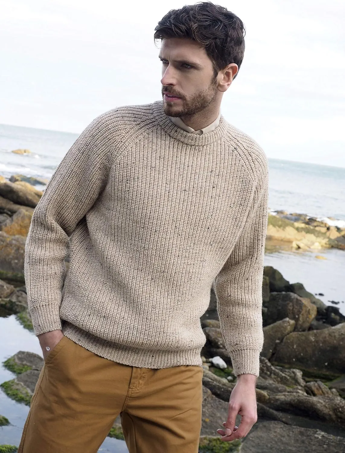 Aran Crafts Men's Fisherman Irish Rib Crew Neck Wool Sweater (100% Pure Wool)