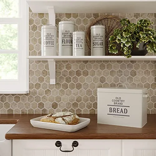 Barnyard Designs Large Bread Box for Kitchen Countertop, Bread Storage Container, Stainless Steel Metal Bread Box, White Farmhouse Rustic Vintage Bread Box, Farmhouse Bread Holder Bin, 13" x 10.25"