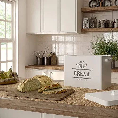 Barnyard Designs Large Bread Box for Kitchen Countertop, Bread Storage Container, Stainless Steel Metal Bread Box, White Farmhouse Rustic Vintage Bread Box, Farmhouse Bread Holder Bin, 13" x 10.25"