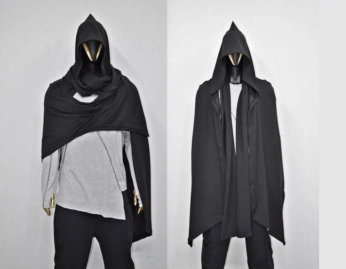 Black Overlong Cosplay Cloak,Poncho Cardigan Men Women,Shawl,Versatile Fantasy Robe, Renaissance Hooded Wizard, Medieval Cloak,Ritual-BB0165