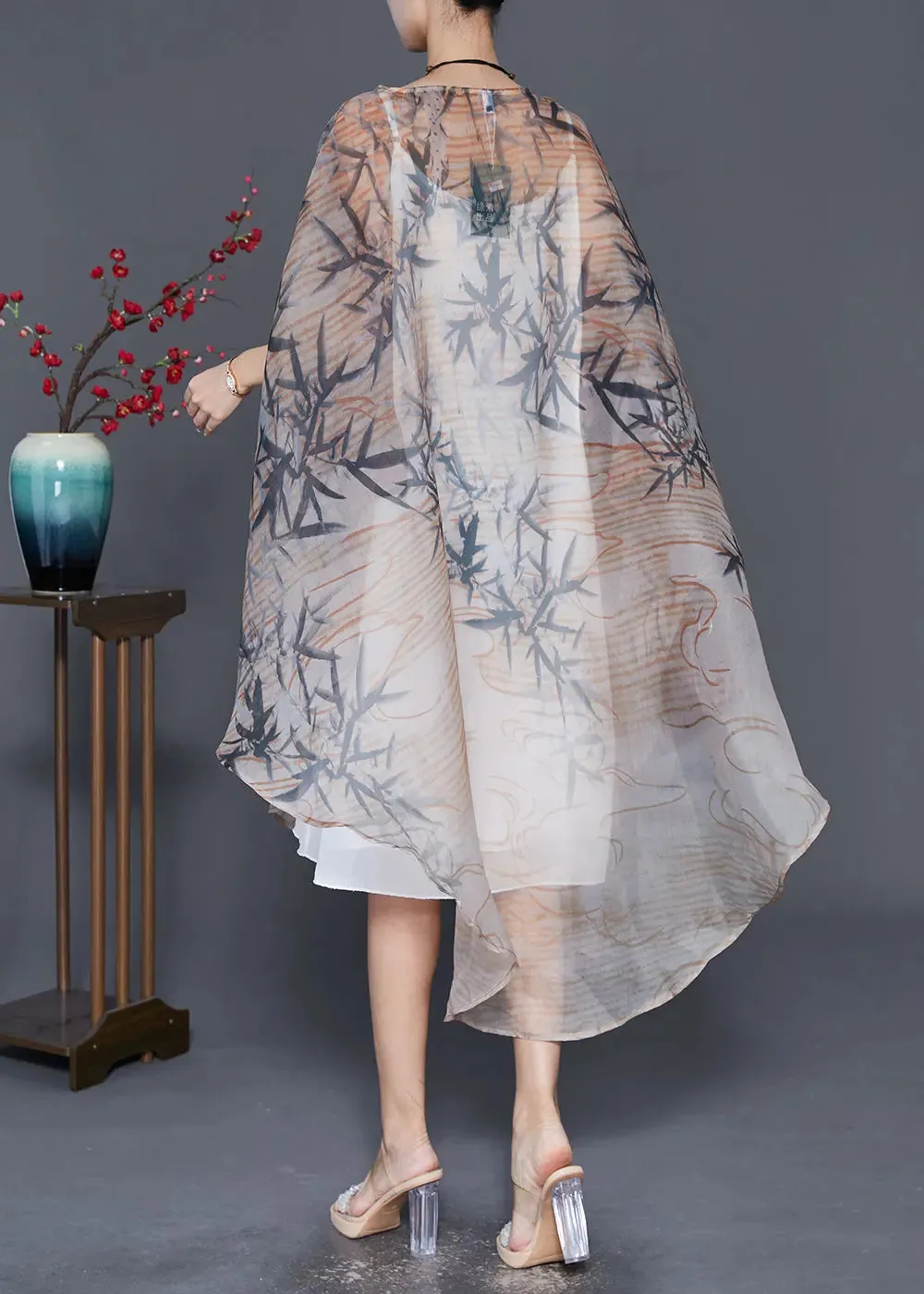 Bohemian Khaki Oversized Print Tulle Dress Cloak Sleeves ML0333