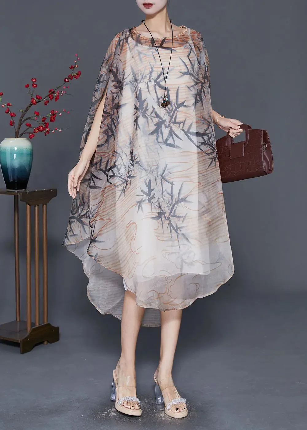 Bohemian Khaki Oversized Print Tulle Dress Cloak Sleeves ML0333