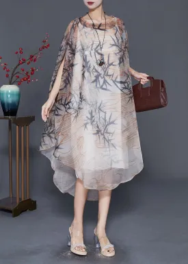 Bohemian Khaki Oversized Print Tulle Dress Cloak Sleeves ML0333