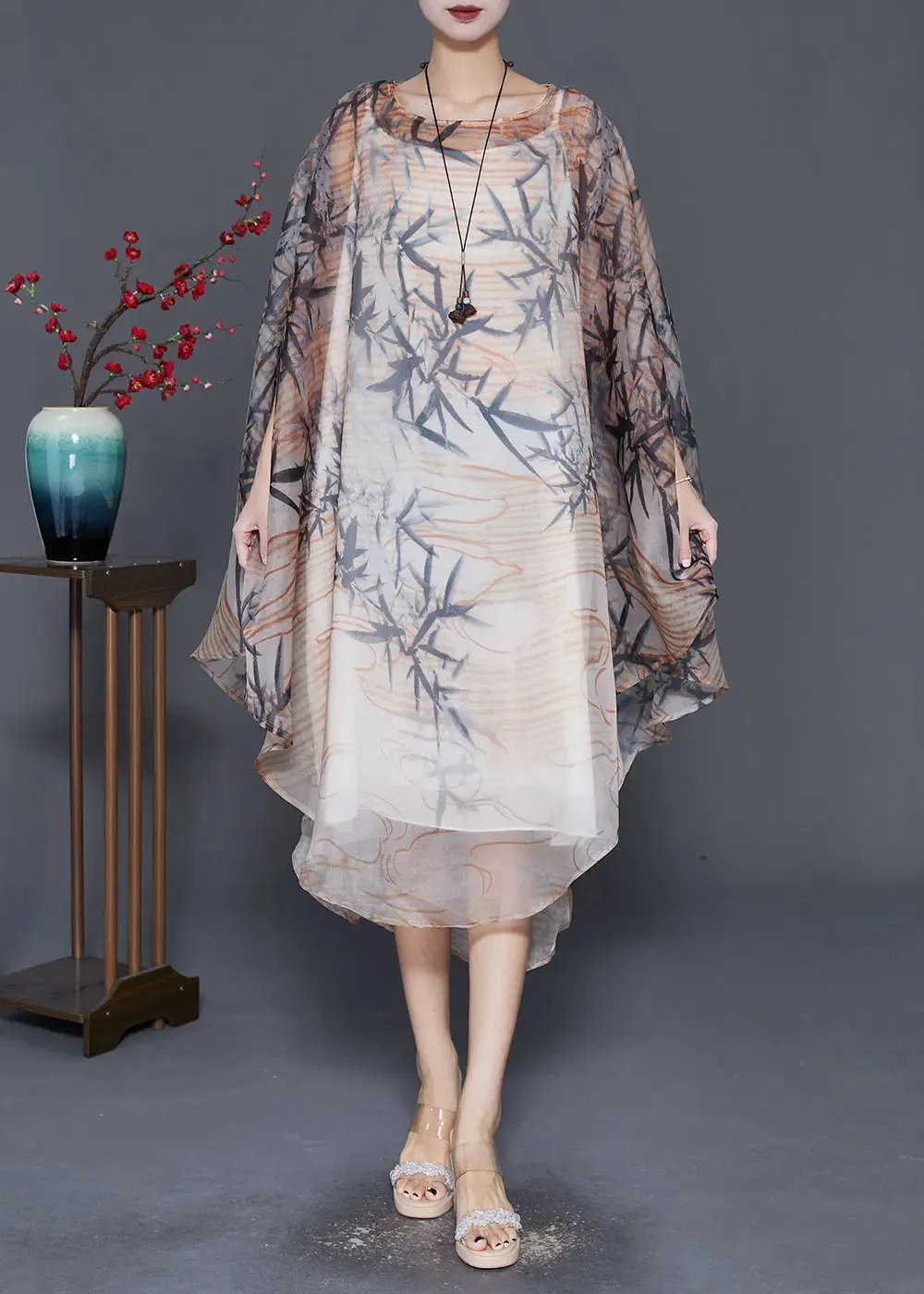 Bohemian Khaki Oversized Print Tulle Dress Cloak Sleeves ML0333