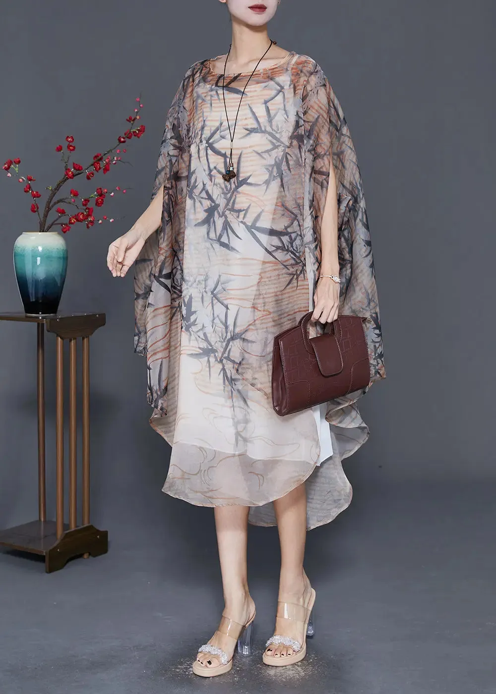 Bohemian Khaki Oversized Print Tulle Dress Cloak Sleeves ML0333