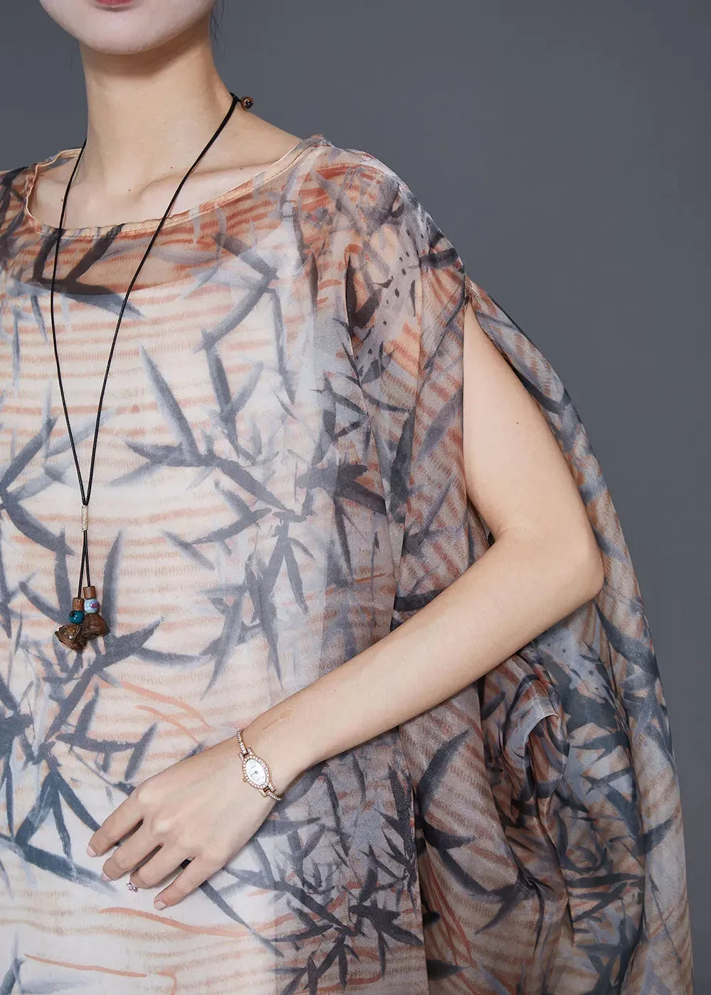 Bohemian Khaki Oversized Print Tulle Dress Cloak Sleeves ML0333