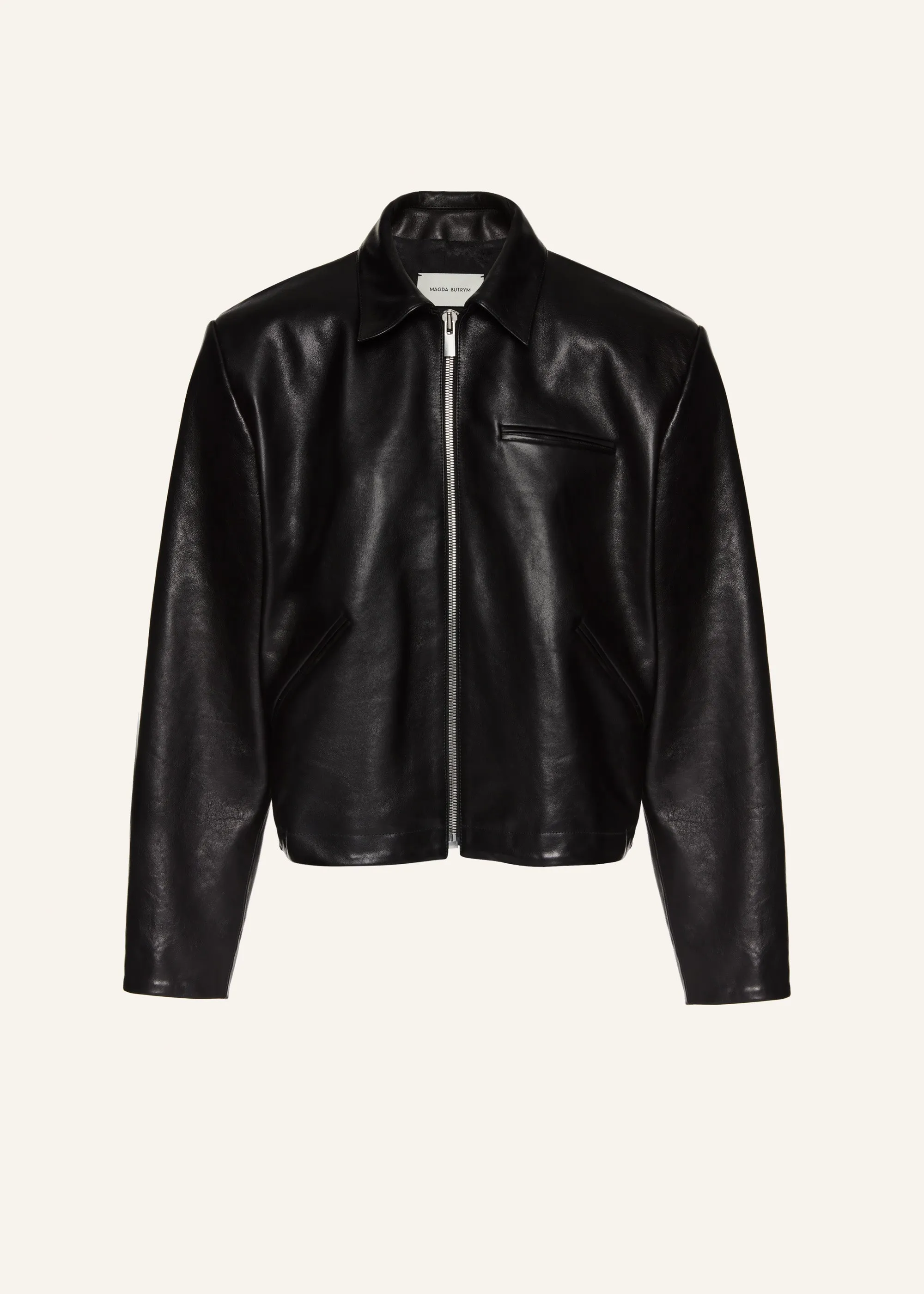 Boxy leather zip jacket in black