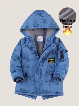 Boys Dinosaur Plush Thickened Multi-Pocket Hooded Warm Cotton-padded Jacket