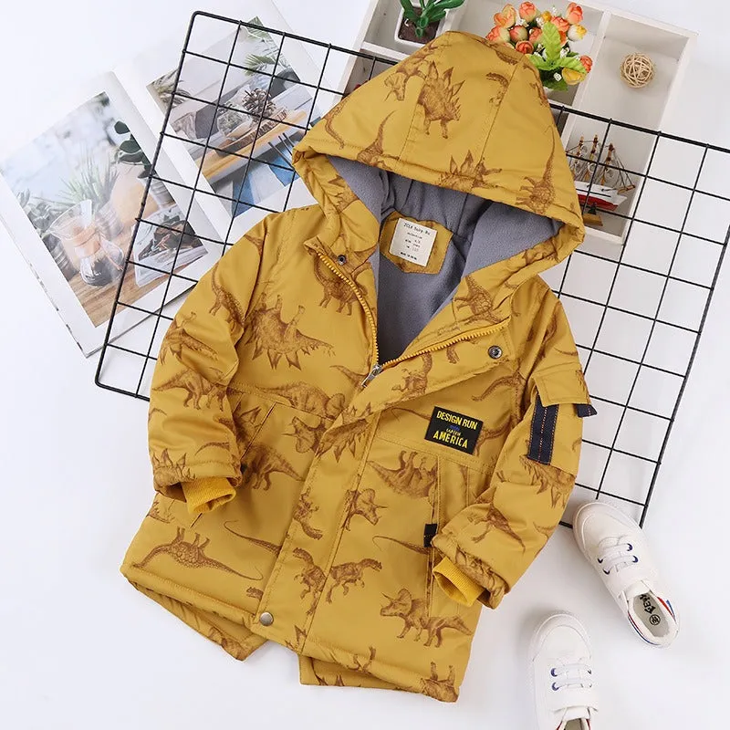 Boys Dinosaur Plush Thickened Multi-Pocket Hooded Warm Cotton-padded Jacket