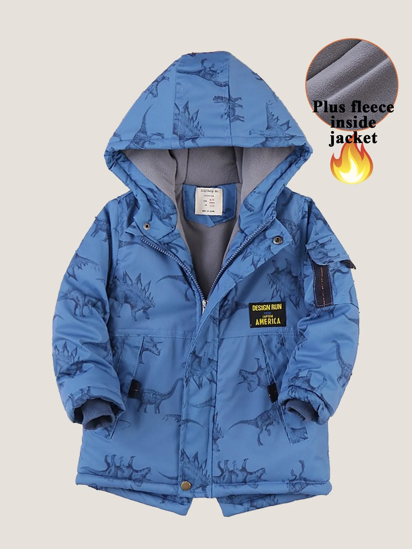 Boys Dinosaur Plush Thickened Multi-Pocket Hooded Warm Cotton-padded Jacket
