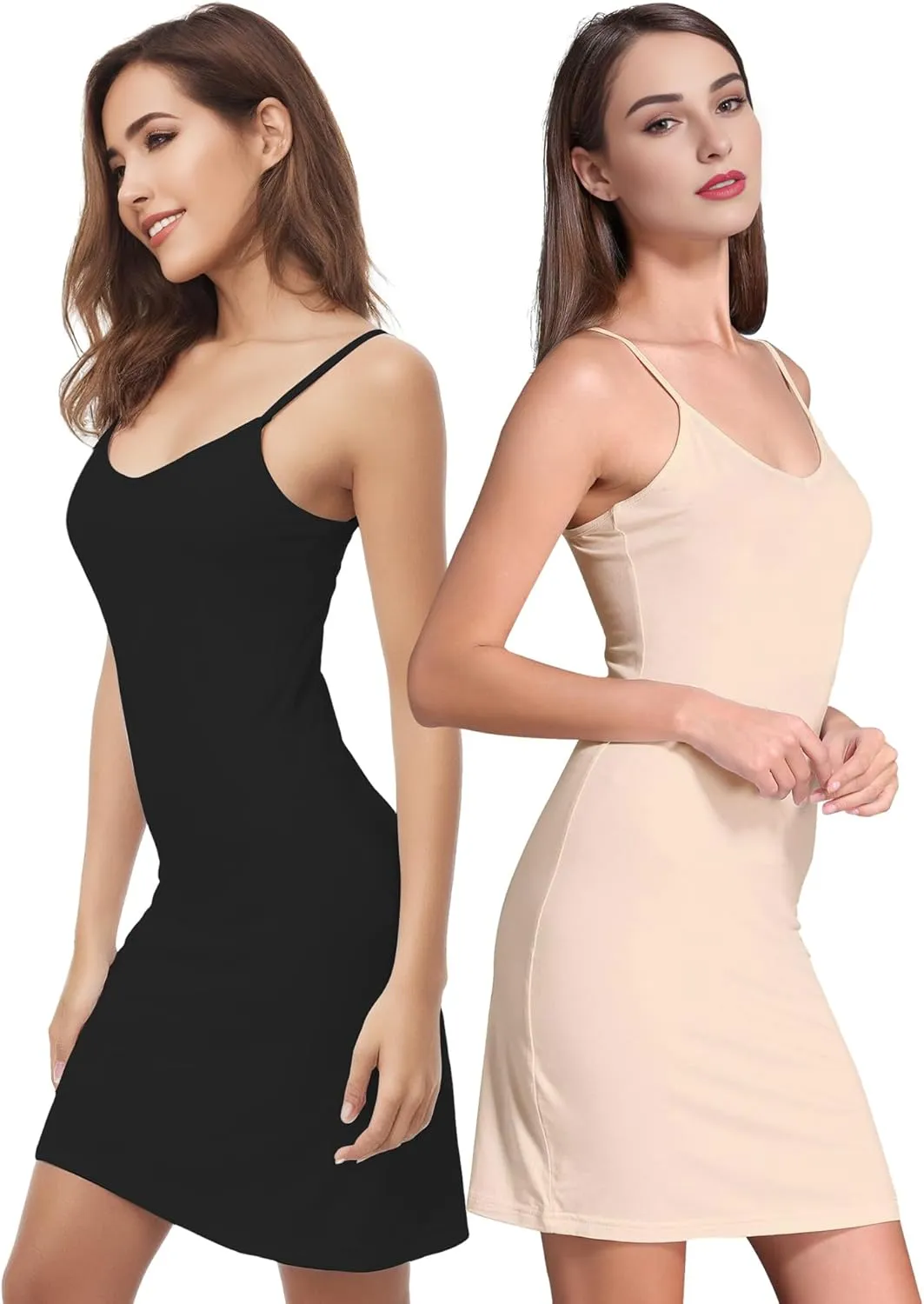 Buauty 2 Packs Slip Dress, Spaghetti Strap Dresses for Women, Cami Halter Neck Tank Plus Size Slips No Static