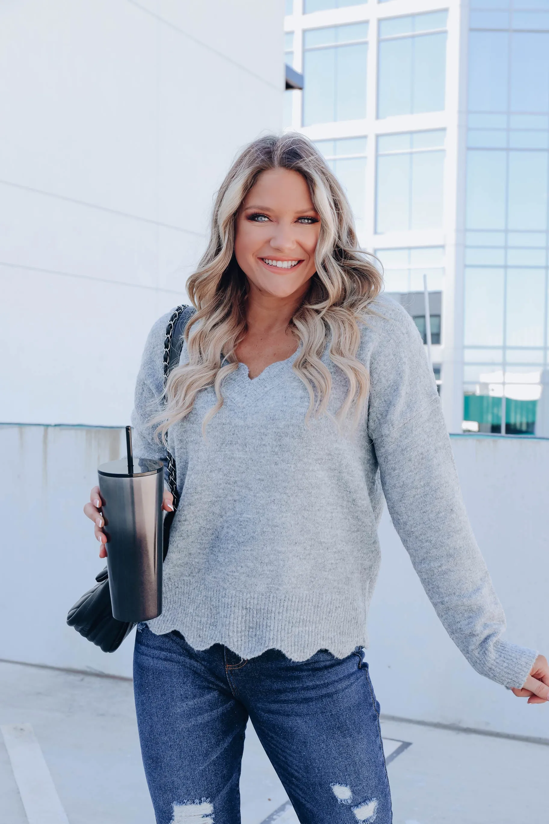 Carissa Knit Scalloped Sweater - Grey