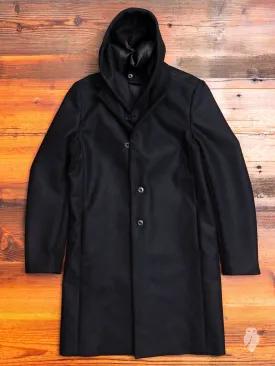 Cashmere Melton Hooded Chesterfield Coat in Black
