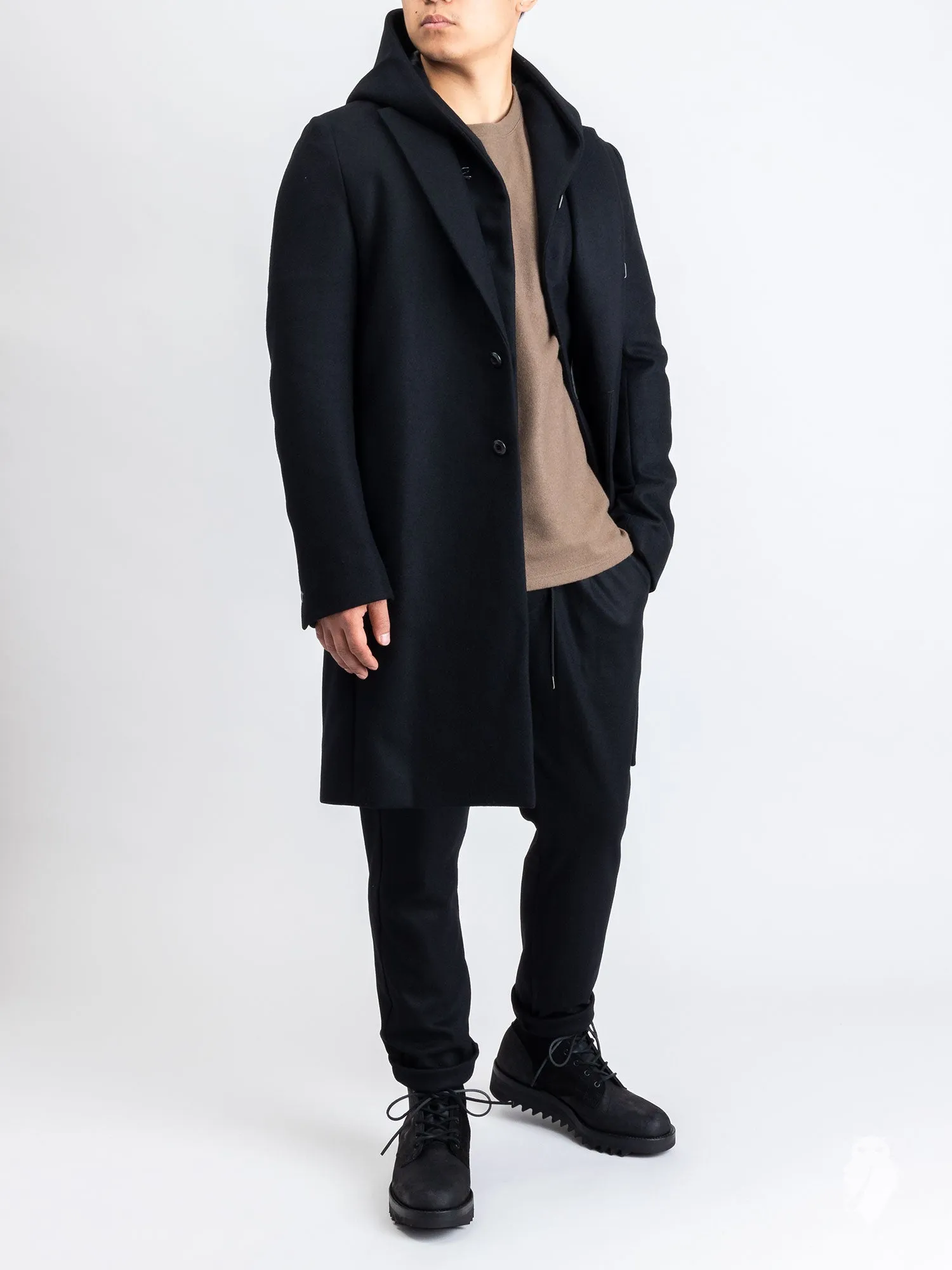 Cashmere Melton Hooded Chesterfield Coat in Black