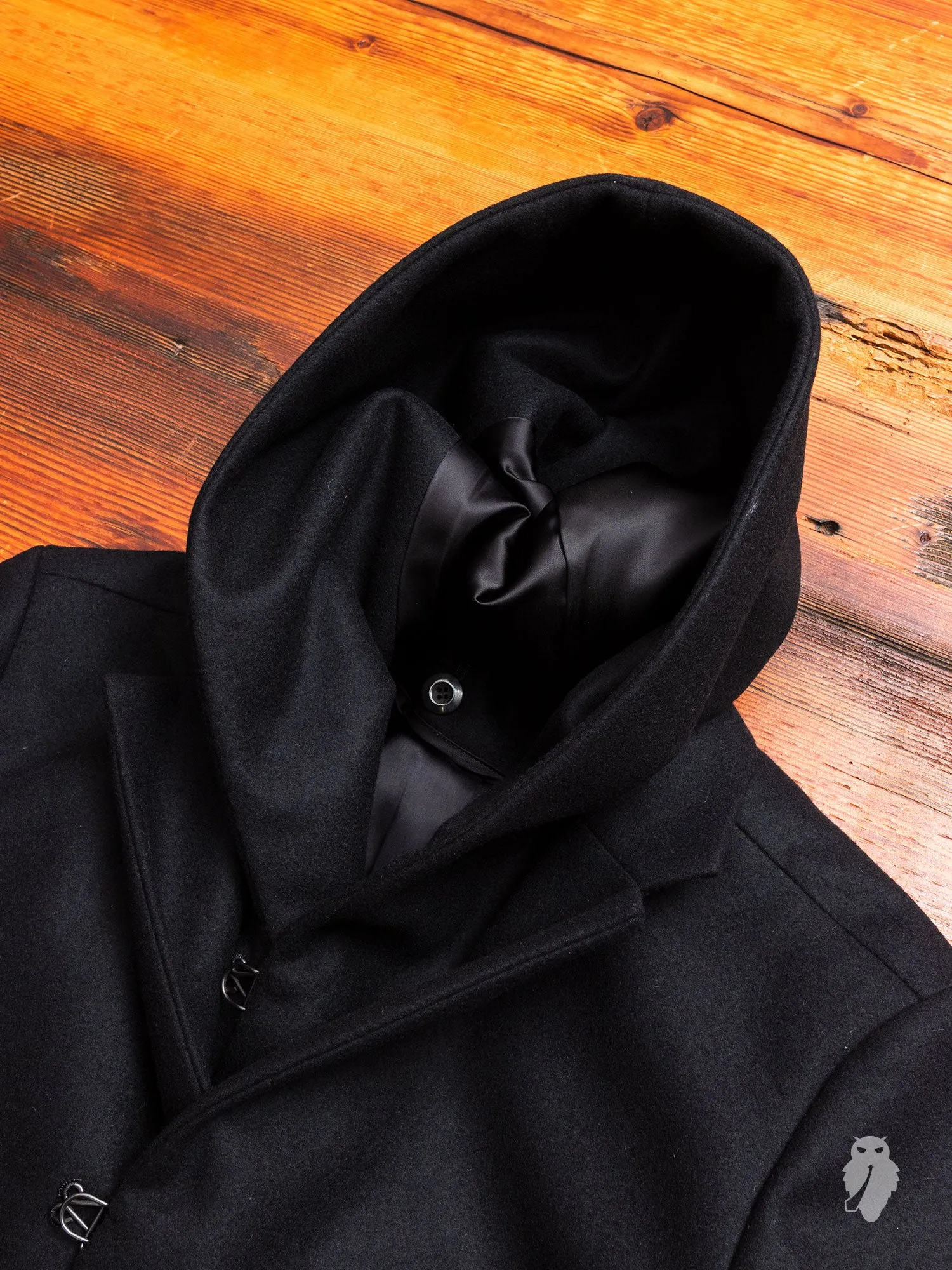 Cashmere Melton Hooded Chesterfield Coat in Black
