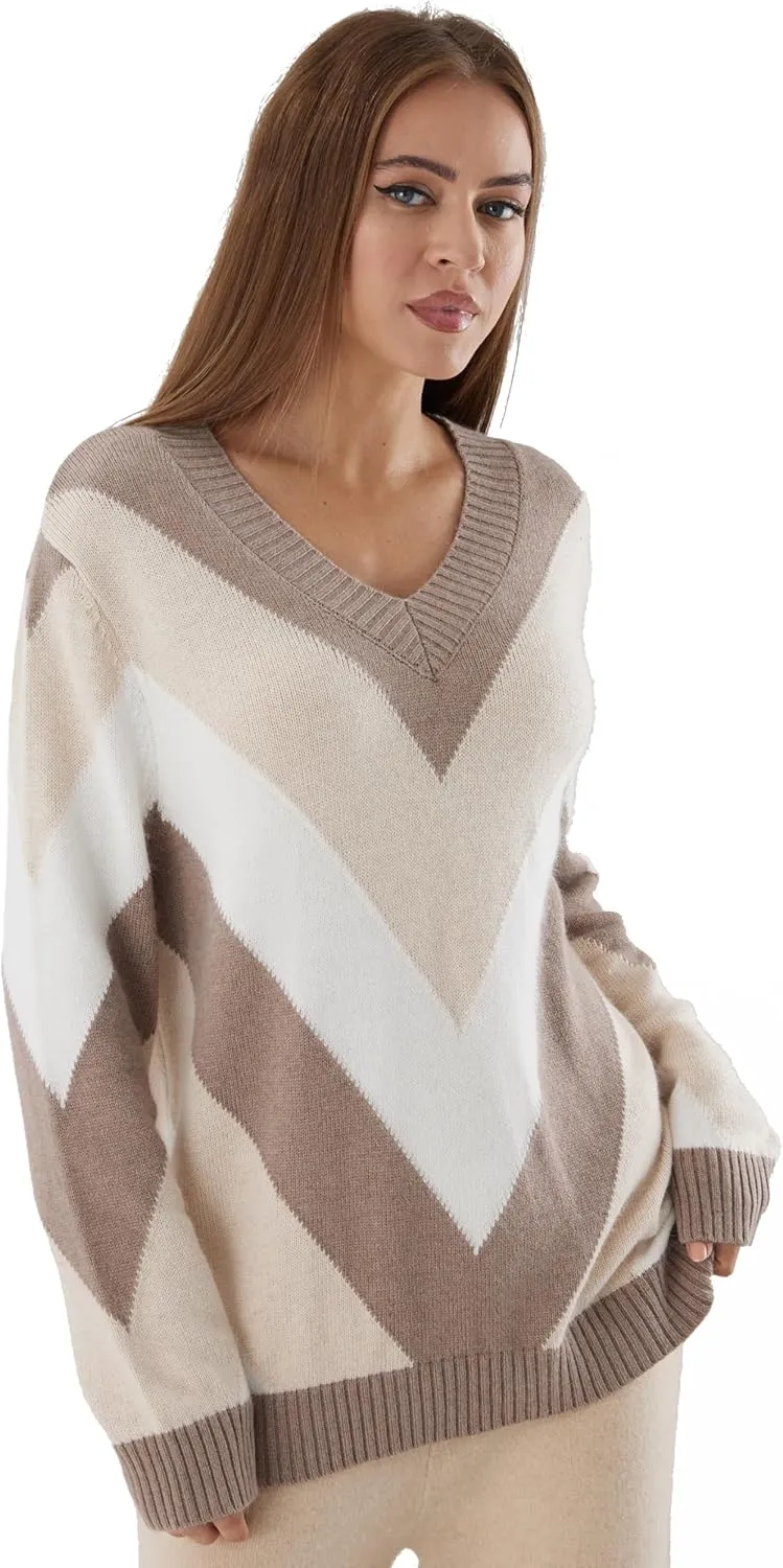 Cashmere Sweaters for Women Oversized V Neck Pullover, Long Sleeve Casual Loose Fit, Fall Fashion Top, Striped