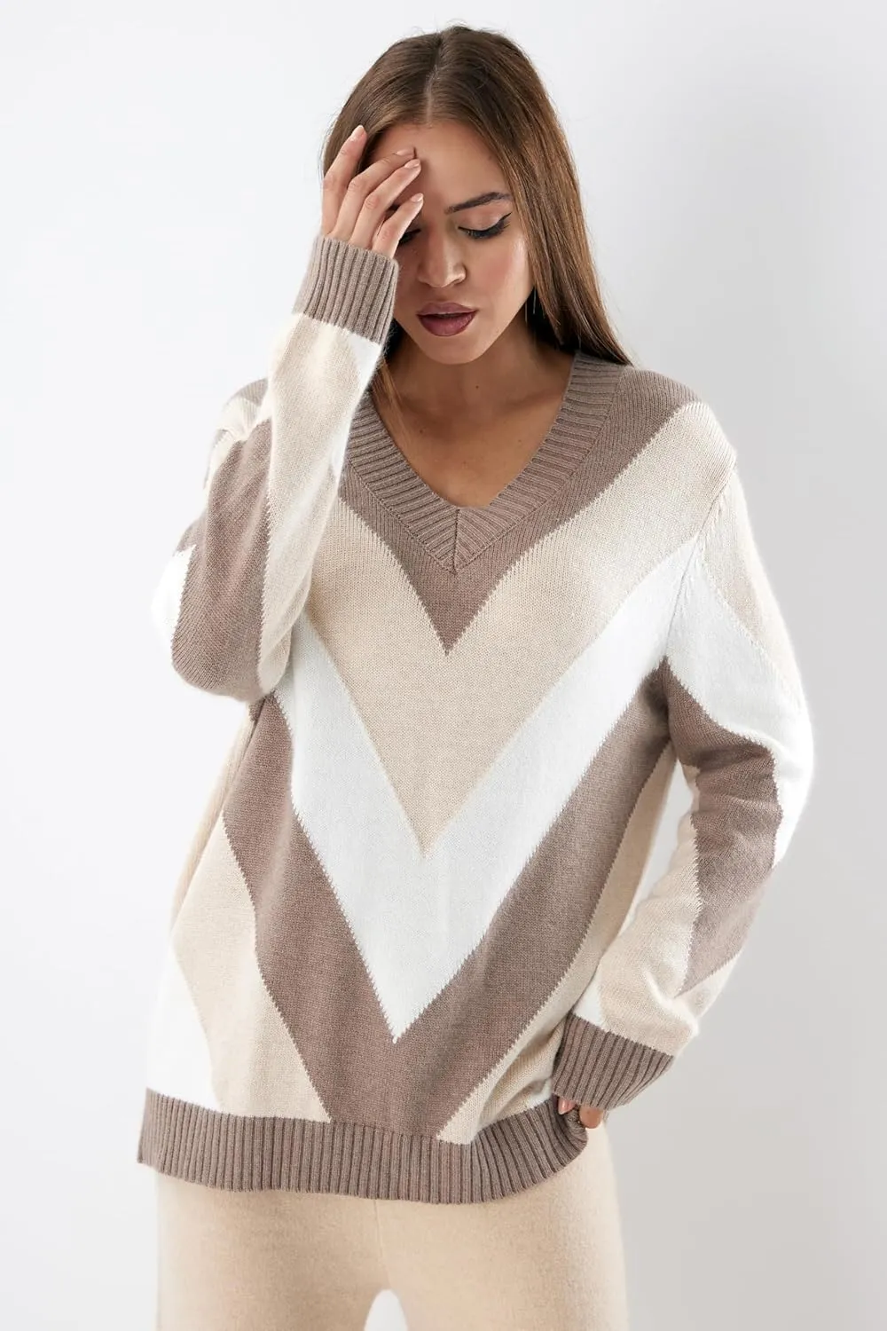 Cashmere Sweaters for Women Oversized V Neck Pullover, Long Sleeve Casual Loose Fit, Fall Fashion Top, Striped