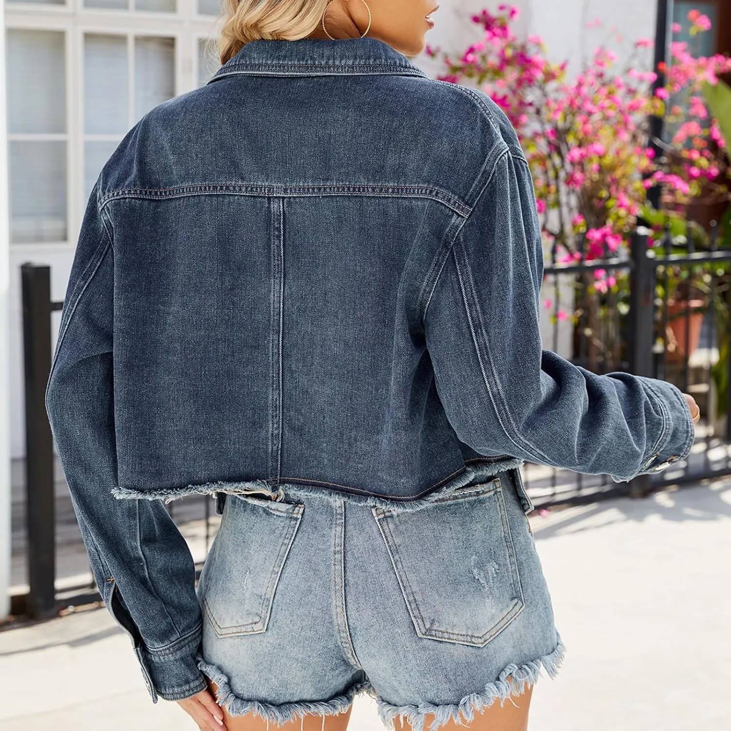 cffvdiz Women's Long Sleeve Cropped Denim Jacket Casual Button Down Distressed Raw Edge Short Jean Jacket