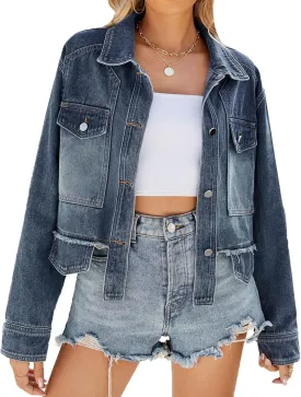 cffvdiz Women's Long Sleeve Cropped Denim Jacket Casual Button Down Distressed Raw Edge Short Jean Jacket