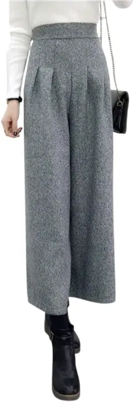 chouyatou Women's Winter High Waist Wide Leg Plaid Wool Blend Palazzo Capri Pants Culottes with Pockets