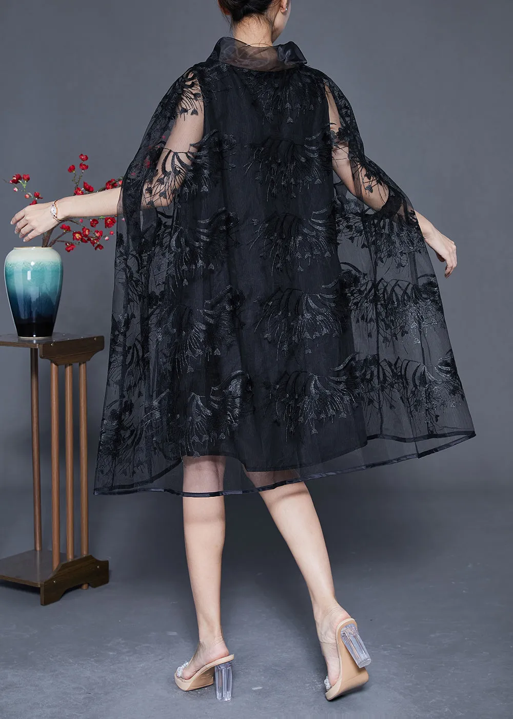 Elegant Black High Neck Embroideried Hollow Out Tulle Dress Cloak Sleeves LY3644