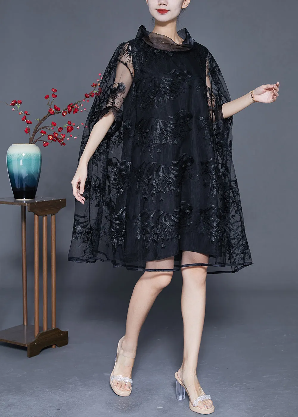 Elegant Black High Neck Embroideried Hollow Out Tulle Dress Cloak Sleeves LY3644