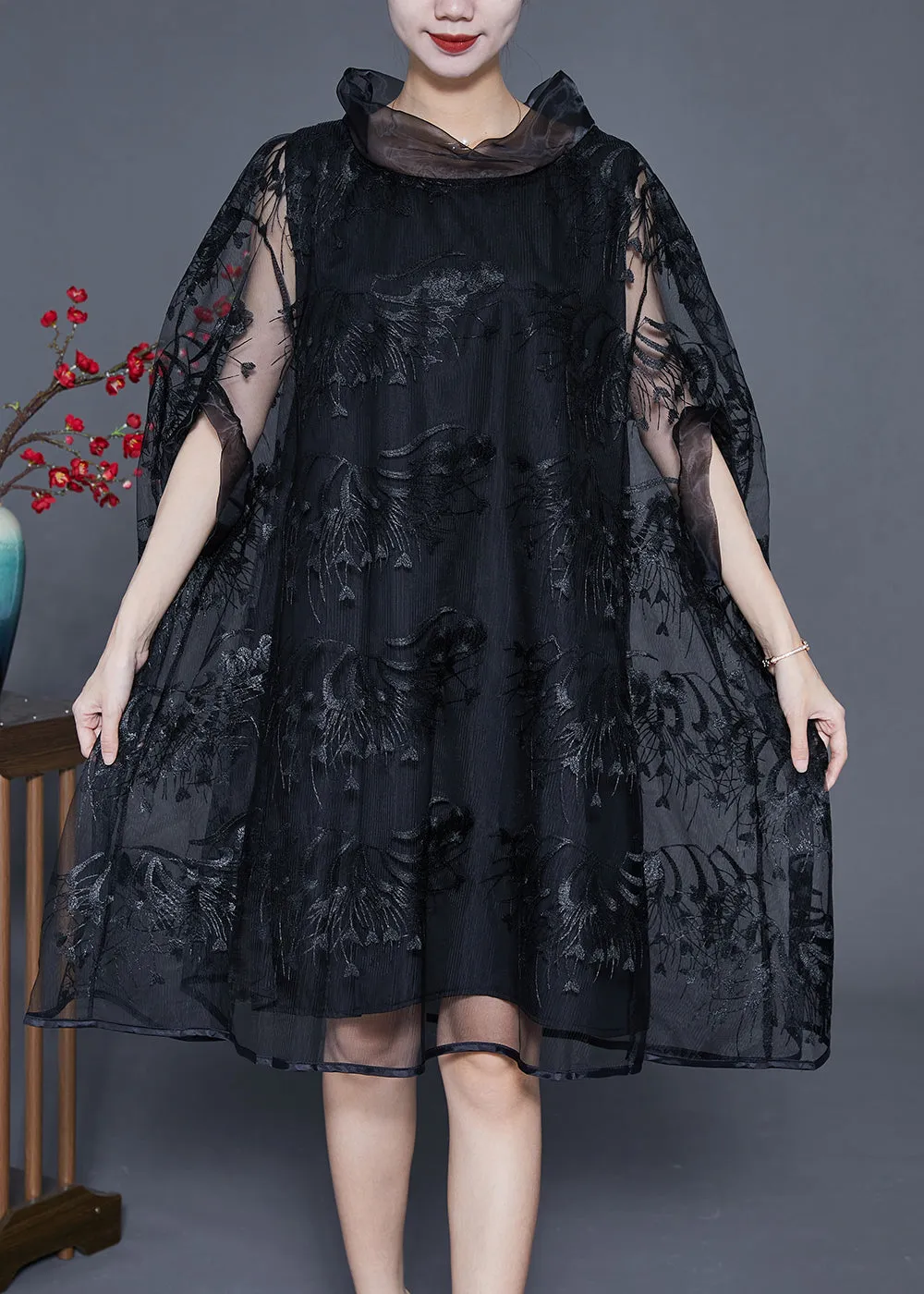 Elegant Black High Neck Embroideried Hollow Out Tulle Dress Cloak Sleeves LY3644