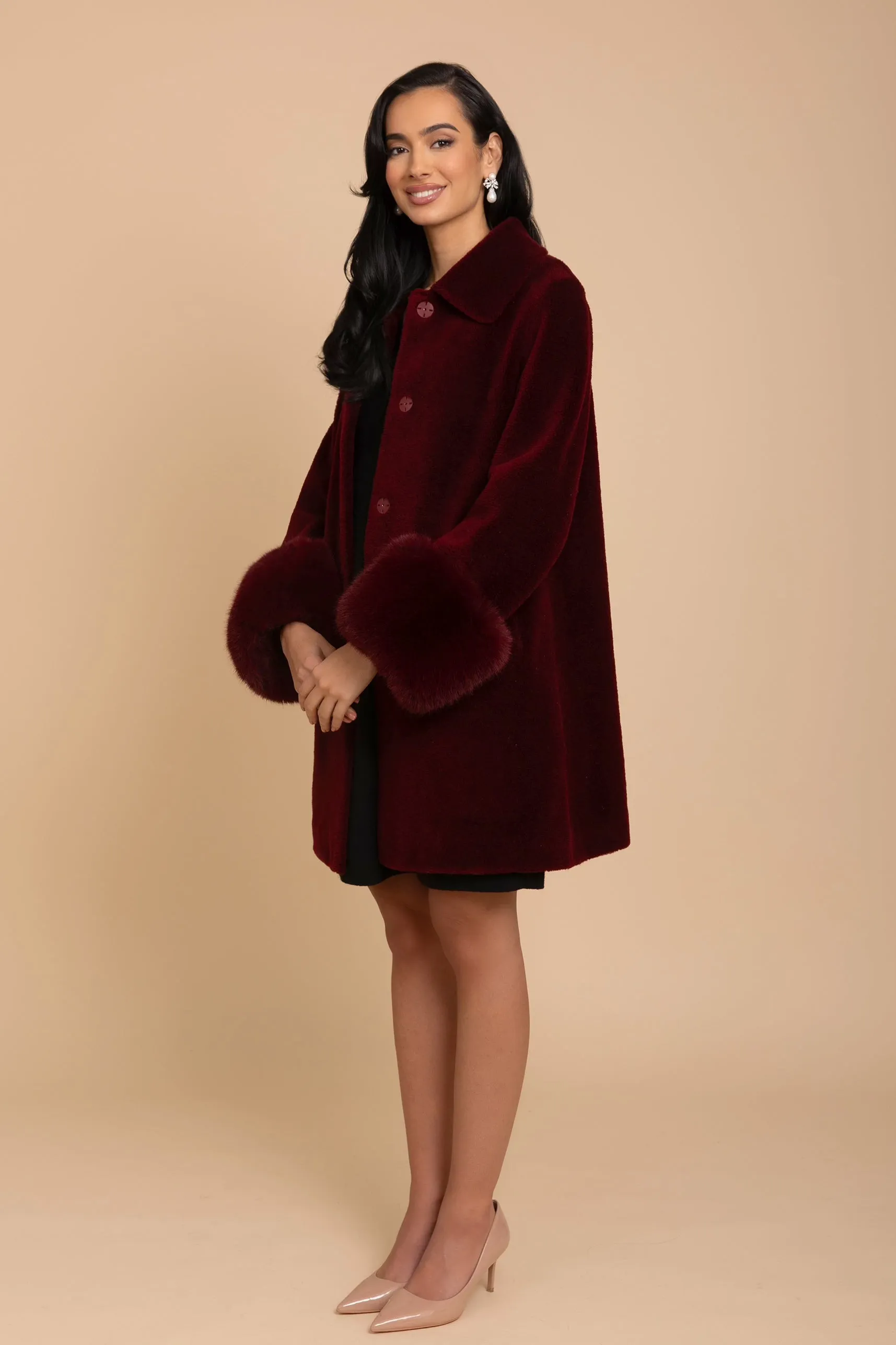'Fairytale' Wool and Faux Fur Teddy Coat in Rosso