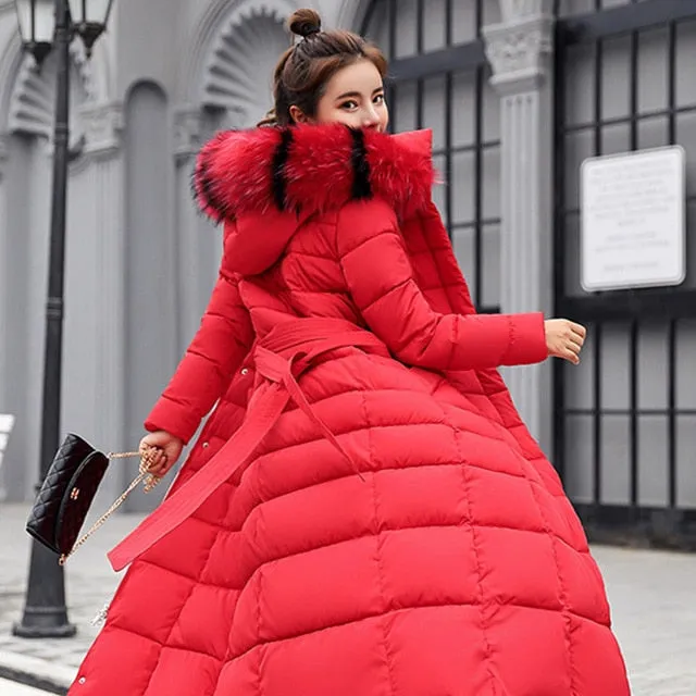 Fashion Winter Jacket Women Big Fur Belt Hooded Thick Down