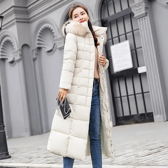 Fashion Winter Jacket Women Big Fur Belt Hooded Thick Down