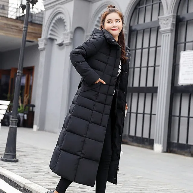 Fashion Winter Jacket Women Big Fur Belt Hooded Thick Down