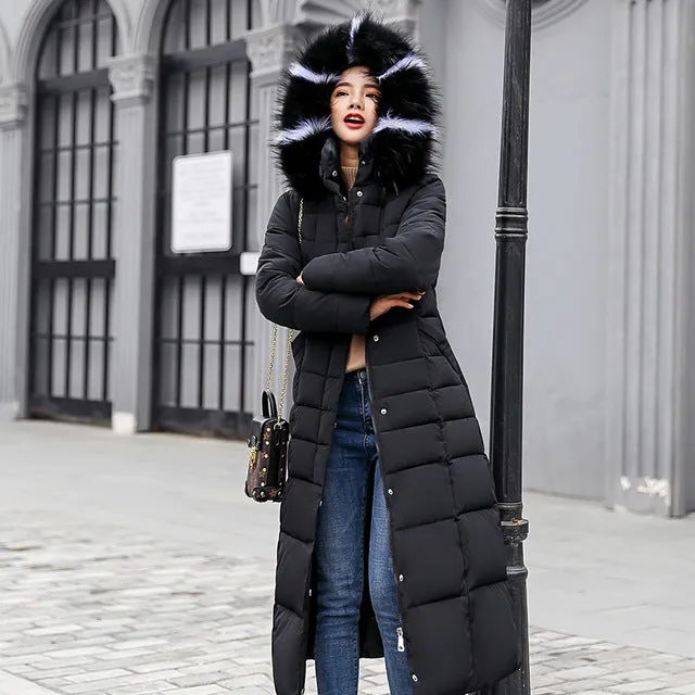 Fashion Winter Jacket Women Big Fur Belt Hooded Thick Down