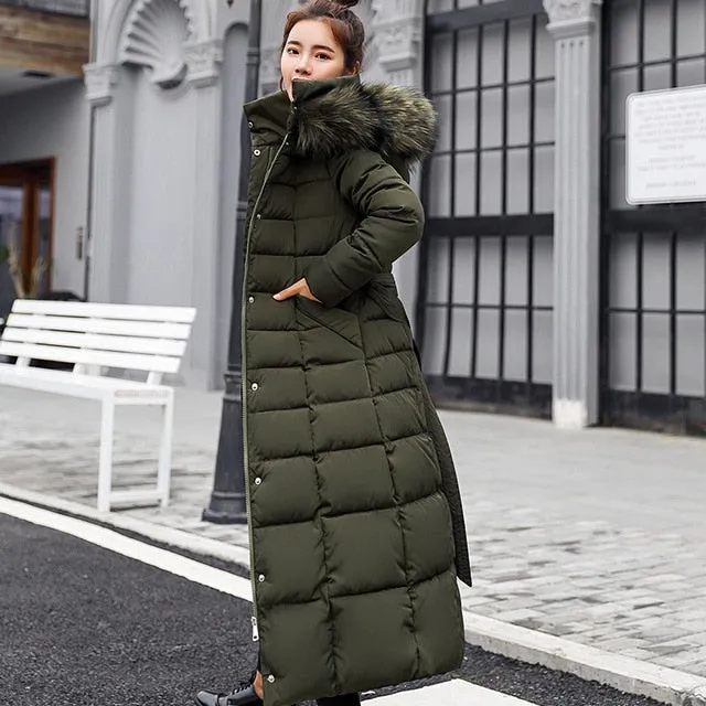 Fashion Winter Jacket Women Big Fur Belt Hooded Thick Down