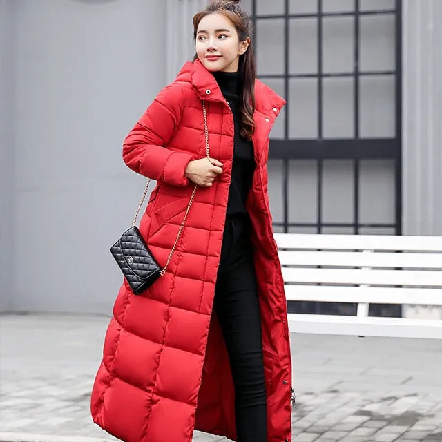 Fashion Winter Jacket Women Big Fur Belt Hooded Thick Down