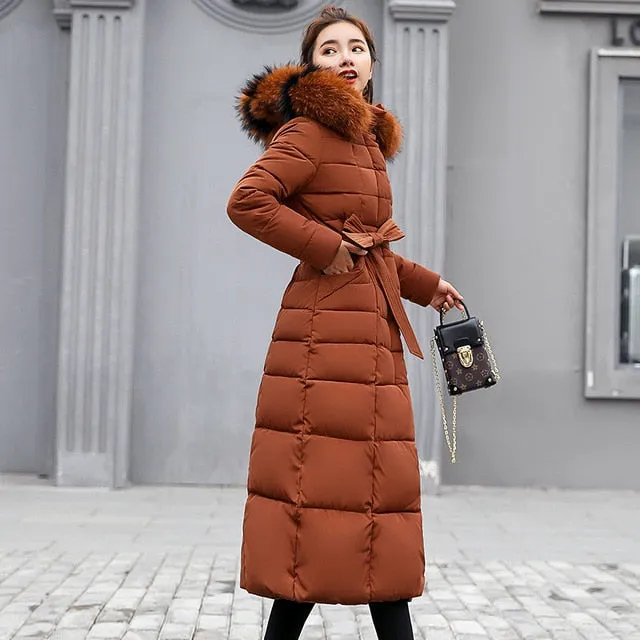 Fashion Winter Jacket Women Big Fur Belt Hooded Thick Down