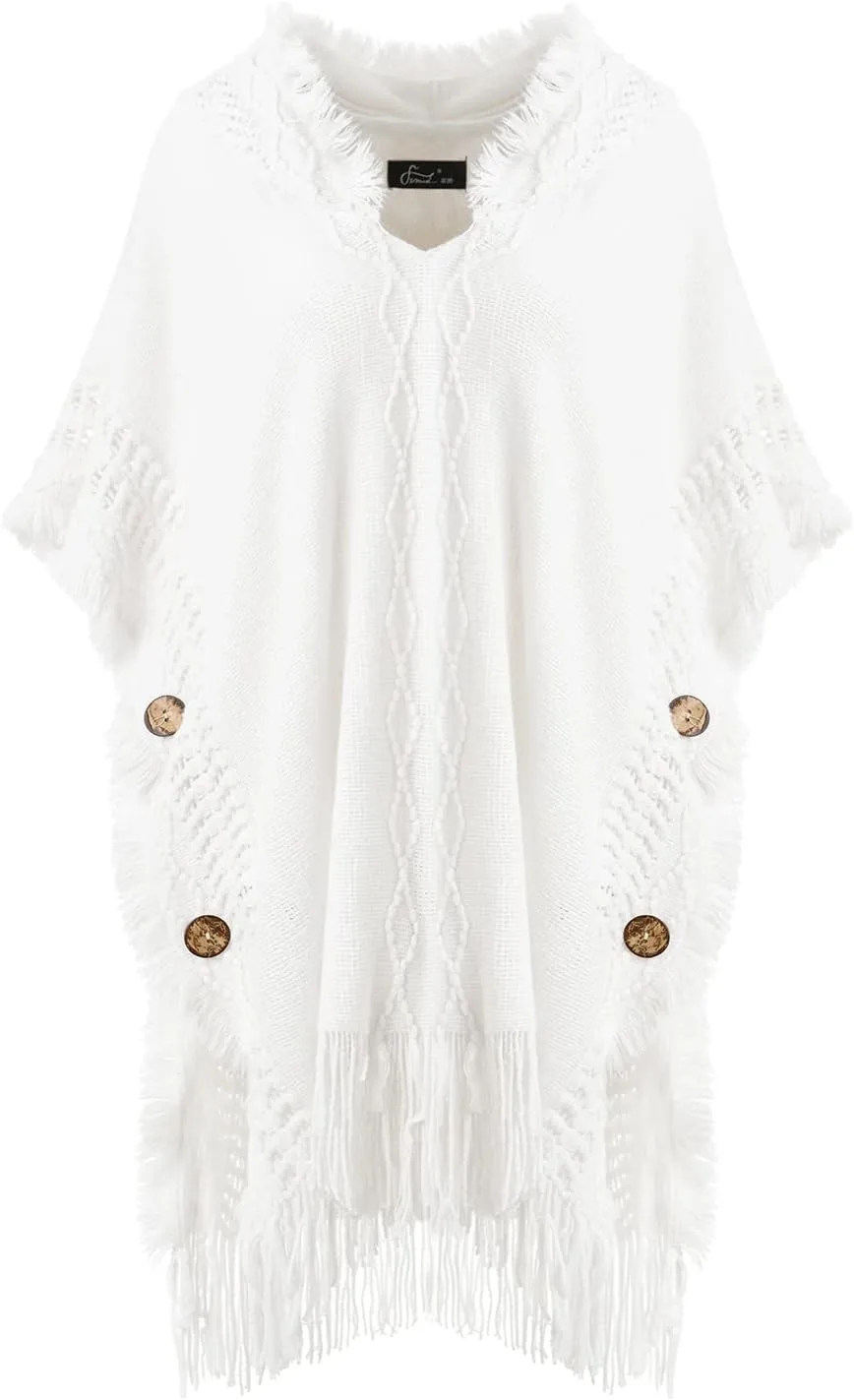 Ferand Women's Cable Knit Poncho Sweater Casual Hooded Pullover Ponchos with Decorative Buttons