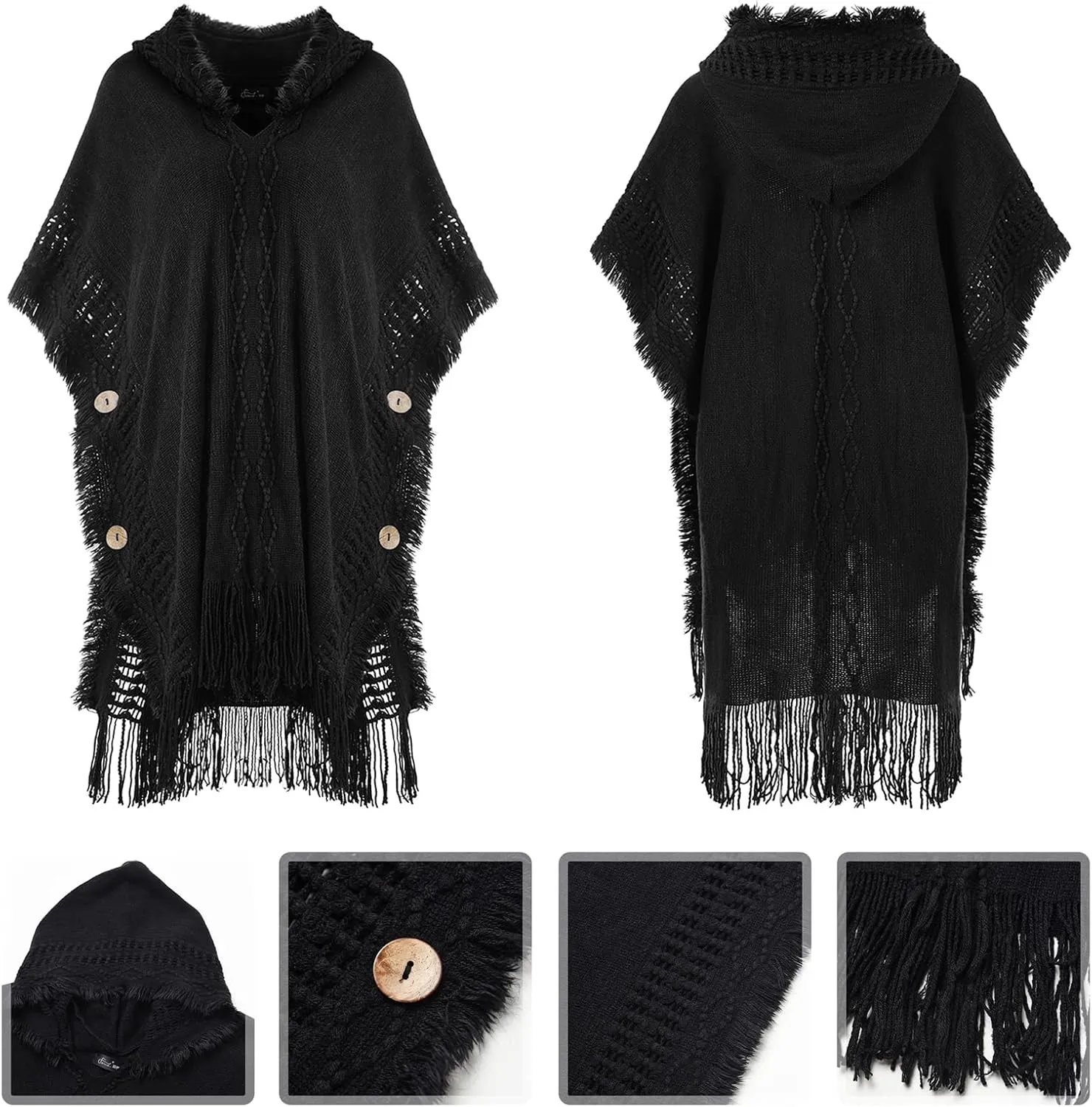 Ferand Women's Cable Knit Poncho Sweater Casual Hooded Pullover Ponchos with Decorative Buttons