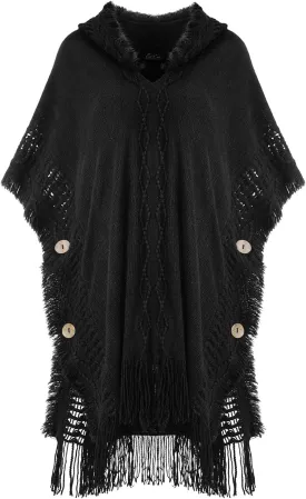 Ferand Women's Cable Knit Poncho Sweater Casual Hooded Pullover Ponchos with Decorative Buttons