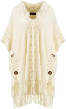 Ferand Women's Cable Knit Poncho Sweater Casual Hooded Pullover Ponchos with Decorative Buttons